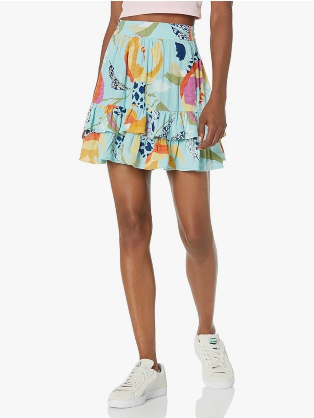 Angie Aqua Floral Tiered Mini Skirt